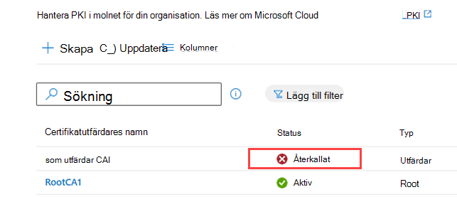 Exempel på skärmbild av CA-listan med den återkallade statusen markerad.