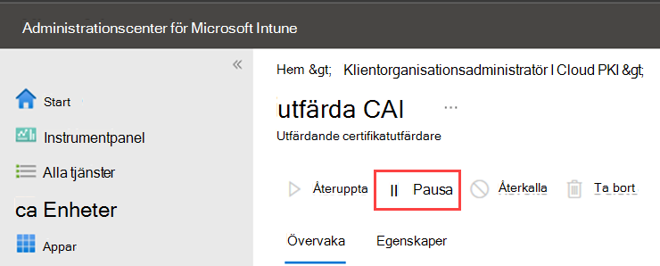Exempel på skärmbild som markerar åtgärden Pausa för Cloud PKI.