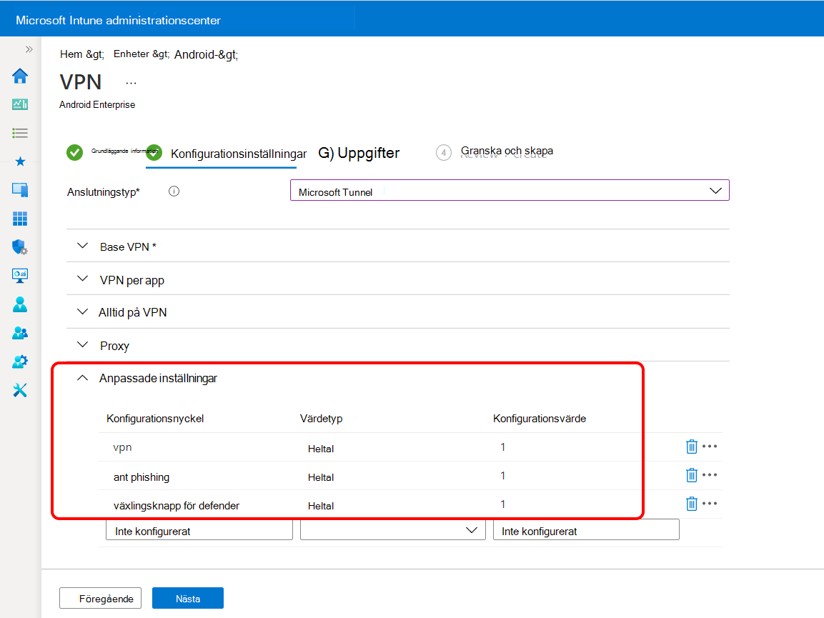 Konfigurera anpassade inställningar i VPN-profilen för Microsoft Defender för Endpoint