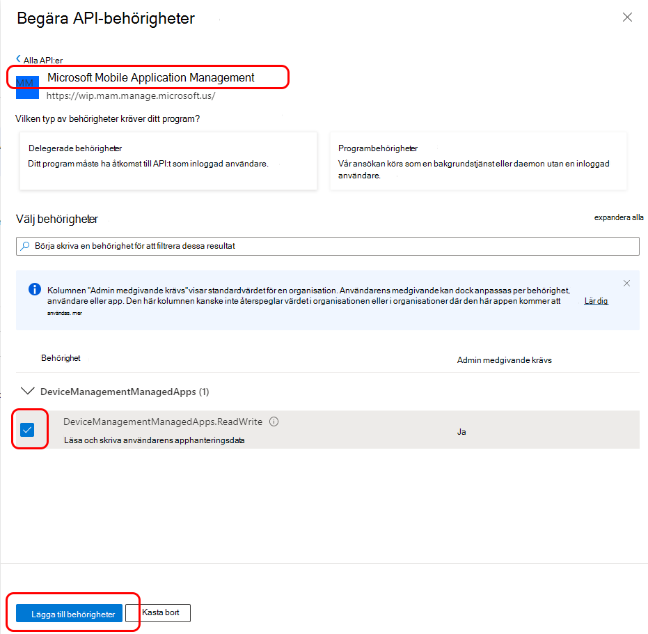 Konfigurera API-behörigheter för Microsoft Mobile Application Management.