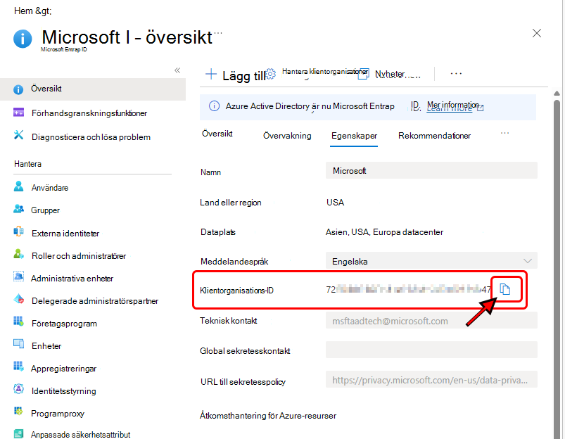 Bild som visar klientorganisations-ID i Azure Portal