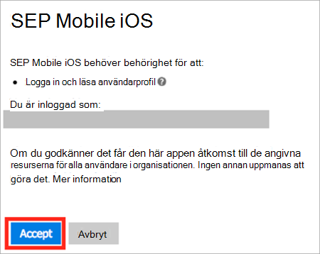 Bild av iOS/iPadOS-app i Intune, inloggningsfråga