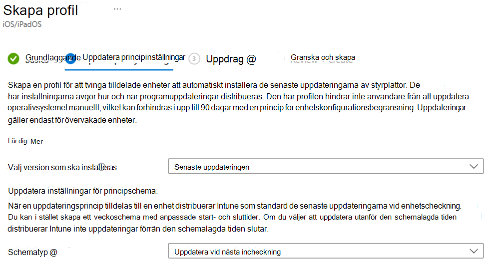 Skärmbild som visar den valda version som ska installeras och schemalägg programuppdateringsinställningar för iOS/iPadOS-enheter i Microsoft Intune administrationscenter.