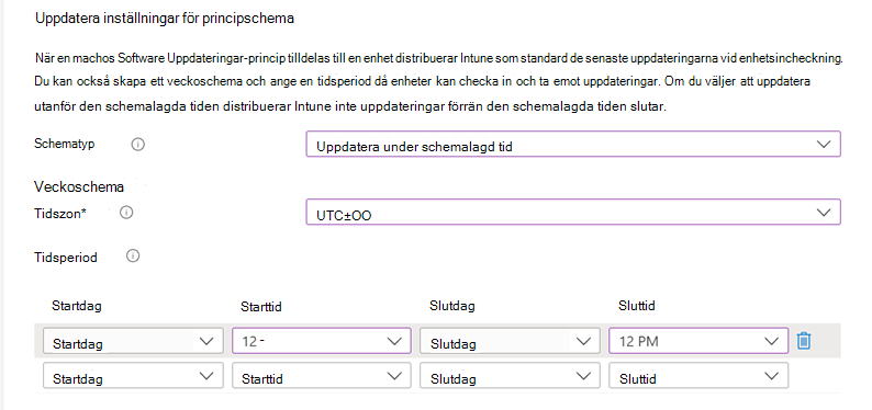 Skärmbild av schemainställningarna för Uppdateringsprincip.
