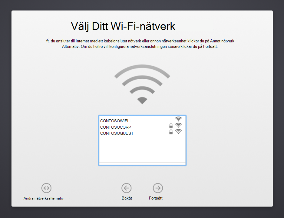 Skärmbild av installationsassistenten för macOS-enheter Välj din Wi-Fi Nätverk, som visar en lista över tillgängliga nätverk att välja mellan. Visar även knappen Andra nätverksalternativ, bakåtknappen och knappen Fortsätt.