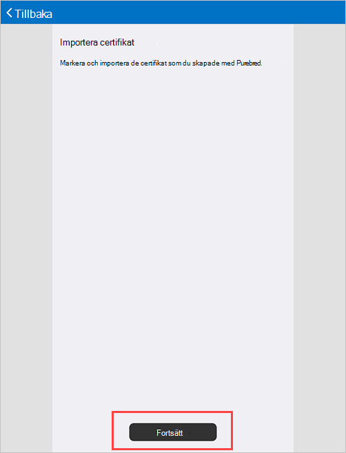 Exempel på skärmbild av skärmen Företagsportal Ange importcertifikat.
