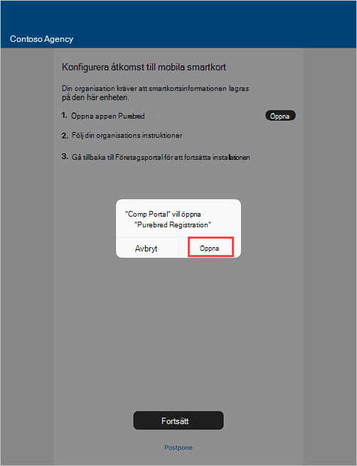 Exempel på skärmbild av Företagsportal fråga om att öppna DISA Purebred-appen.