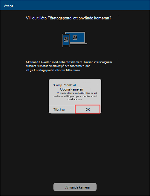 Exempel på skärmbild av en Företagsportal fråga om behörighet att tillåta kameraåtkomst.