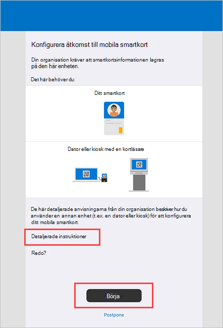 Exempel på skärmbild av Företagsportal Konfigurera åtkomstskärmen för mobilt smartkort.