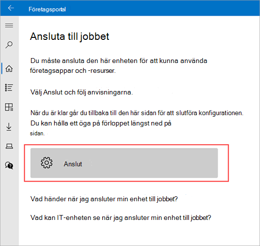 Exempelbild på Företagsportal > Skärmen Anslut till arbete med knappen Anslut markerad.