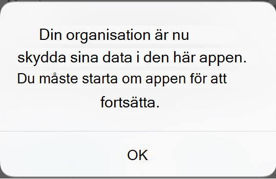 Skärmbild av meddelande på skärmen som tagits emot om skyddad app.