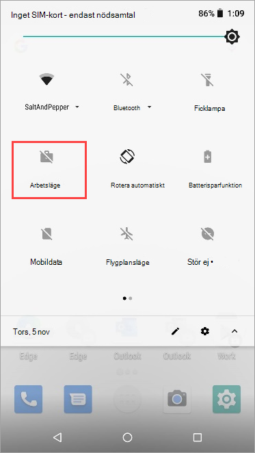 Skärmbild av ikonen för inaktivt arbetsläge i Snabbinställningar för Nexus 5X.
