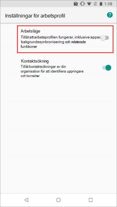 Skärmbild av växlingsknappen Arbetsprofil aktiverad i Enhetsinställningarna för Nexus 5X.