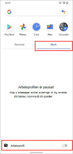 Skärmbild av växlingsknappen Arbetsprofil inaktiverad i appfönstret för Samsung Galaxy S20.