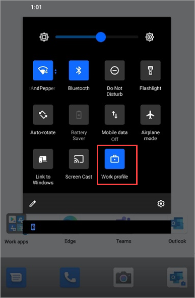 Skärmbild av ikonen för aktiverad arbetsprofil i Snabbinställningar för Surface Duo.