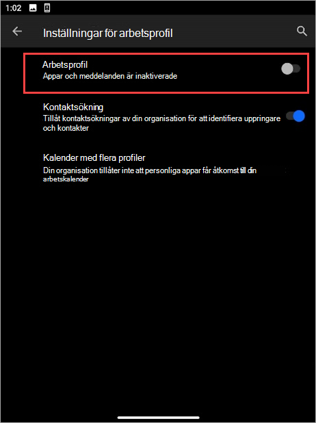 Skärmbild av växlingsknappen Arbetsprofil inaktiverad i Enhetsinställningarna för Surface Duo.