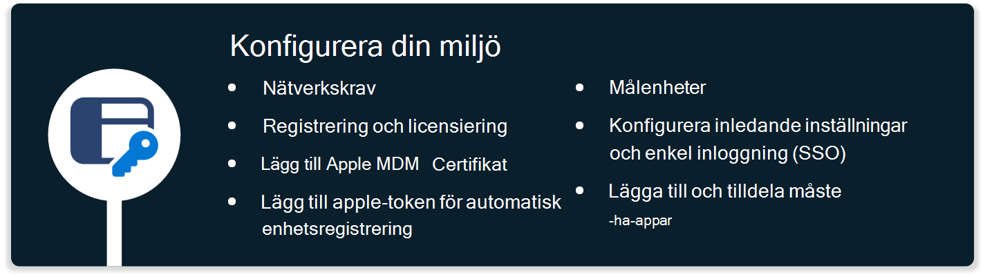 Ett diagram som visar stegen för att konfigurera din miljö för att stödja macOS-enheter i Microsoft Intune, inklusive netowrk-krav, certifikat, konfiguration av enkel inloggning med mera