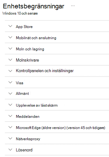 Alla inställningar för enhetsbegränsningar för Windows-enheter i Microsoft Intune.