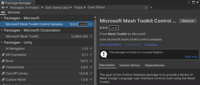 Skärmbild av paketet Kontrollexempel i Package Manager.