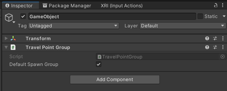 En skärmbild av ett spelobjekt med komponenten Travel Point Group bifogad.