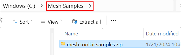 En skärmbild av zip-filen med nedladdade exempel i mappen Mesh 201.