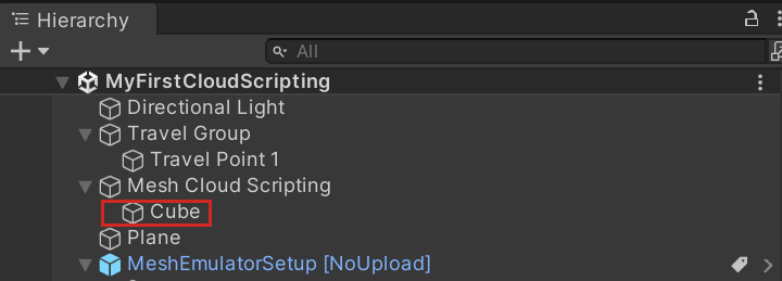 En skärmbild av kuben placerad som underordnad Mesh Cloud Scripting.