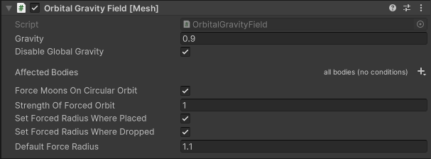 Skärmbild av skriptalternativen för Gravity Field i Inspector.