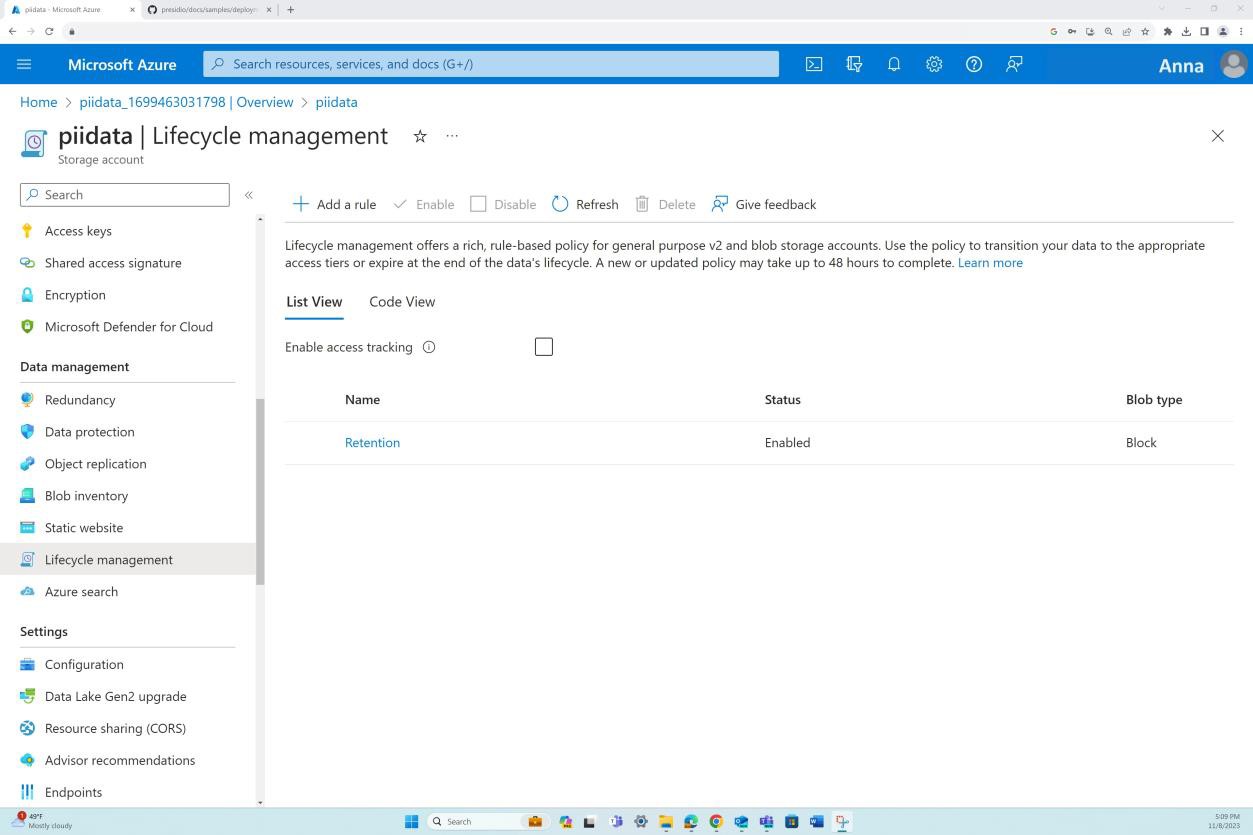 Azure lifecycle management page.