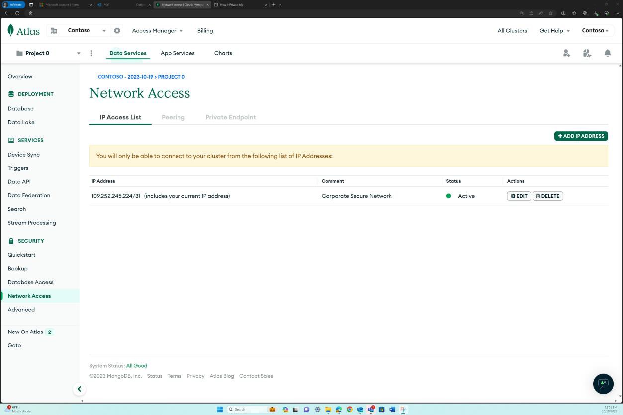 MongoDB Cloud network page.