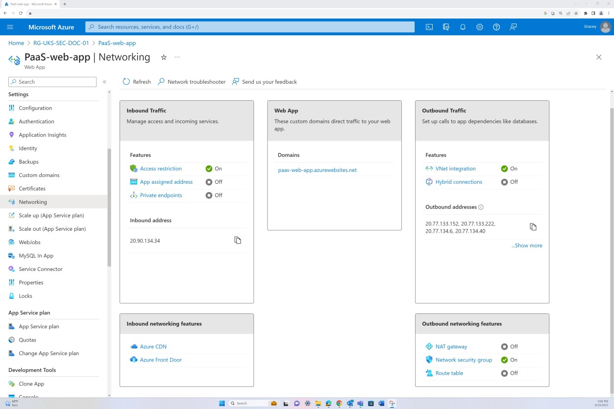 Azure networking settings.