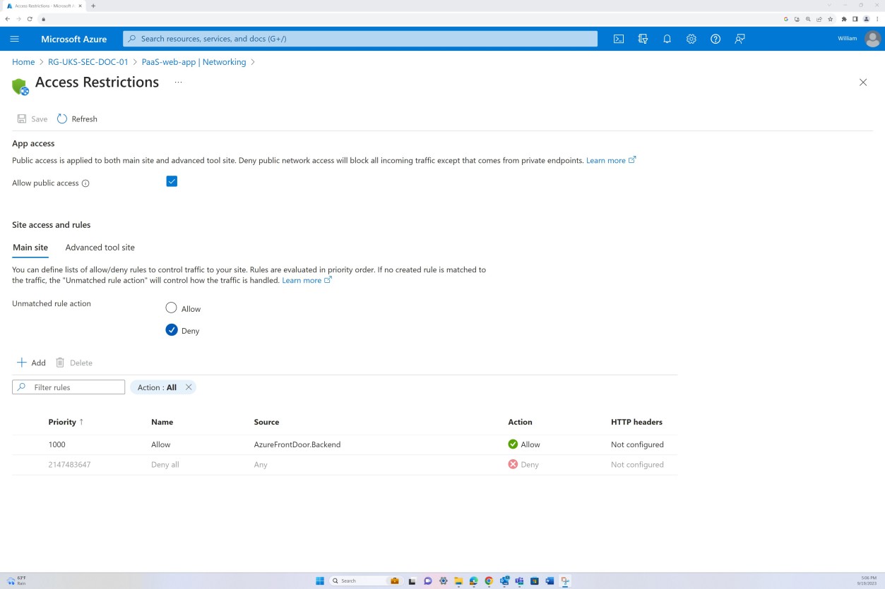 Azure networking settings.