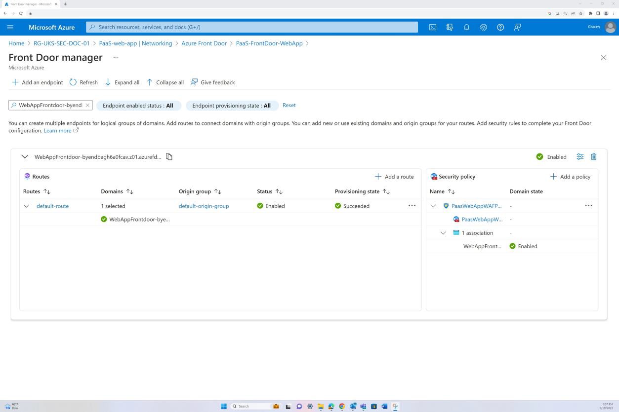 Azure Front Door settings.