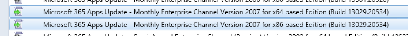 A screenshot from Configuration Manager showing two Microsoft 365 Apps Updates from Monthly Enterprise Channel.