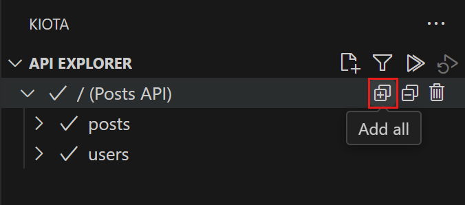 A screenshot of the Add all button in Kiota's API explorer