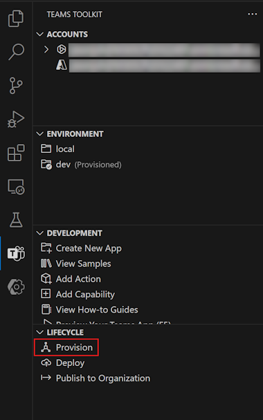 A screenshot of the Provision option in the Lifecycle pane of Teams Toolkit