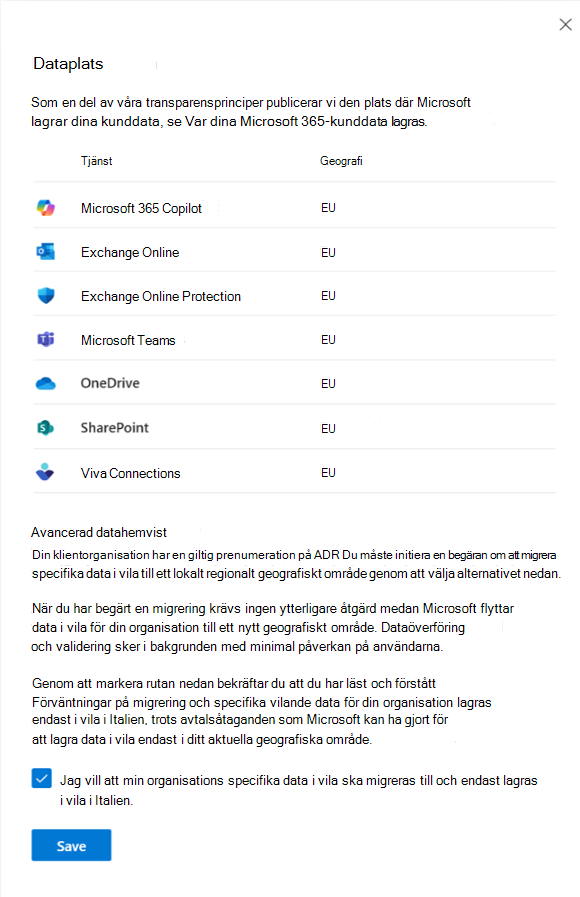 Skärmbild av dataplatsvyn innan migrering.