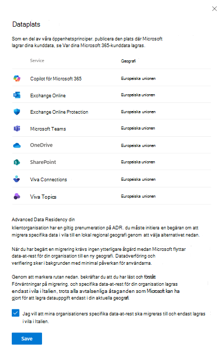 Skärmbild av dataplatsvyn innan migrering.