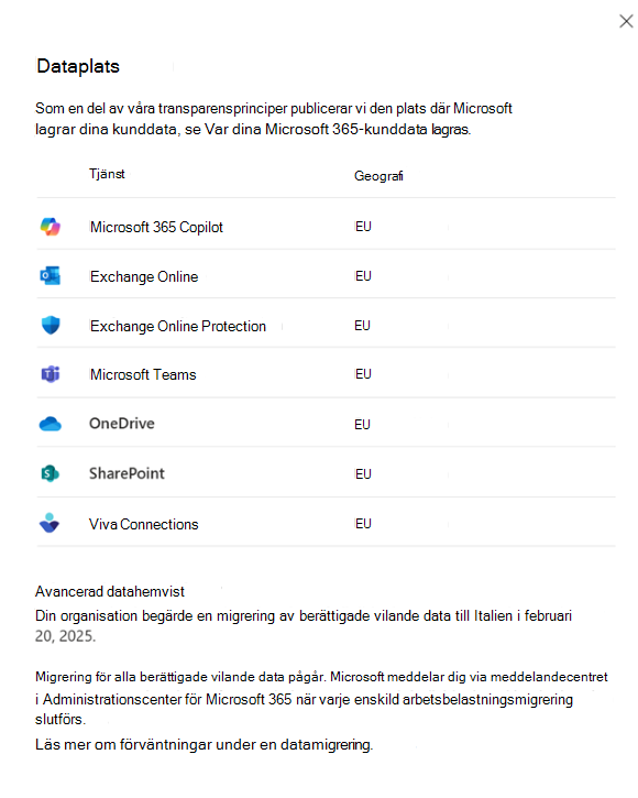 Skärmbild av begärd migrering i dataplatsvyn.