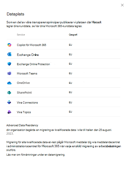 Skärmbild av begärd migrering i dataplatsvyn.