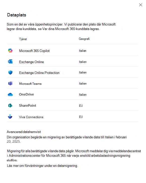 Skärmbild av pågående migrering i dataplatsvyn.