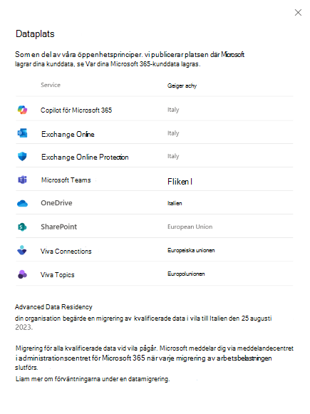 Skärmbild av pågående migrering i dataplatsvyn.