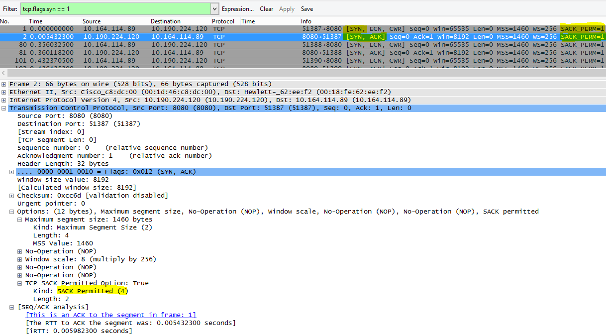 SACK enligt wireshark med filtret tcp.flags.syn == 1.