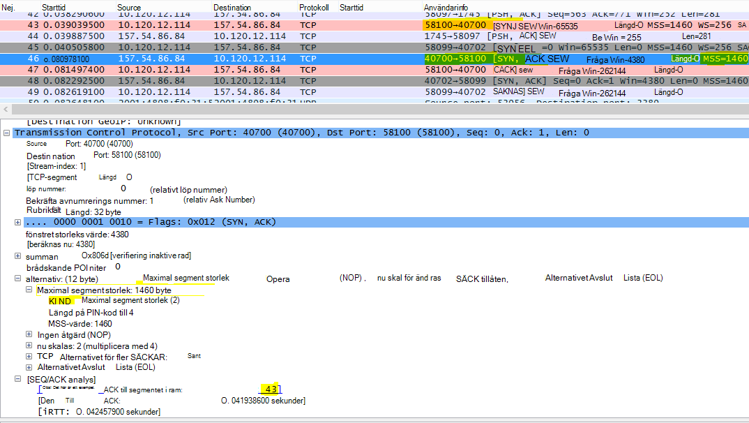 Spårning filtreras i Wireshark efter tcp.options.mss för Maximal segmentstorlek (MSS).