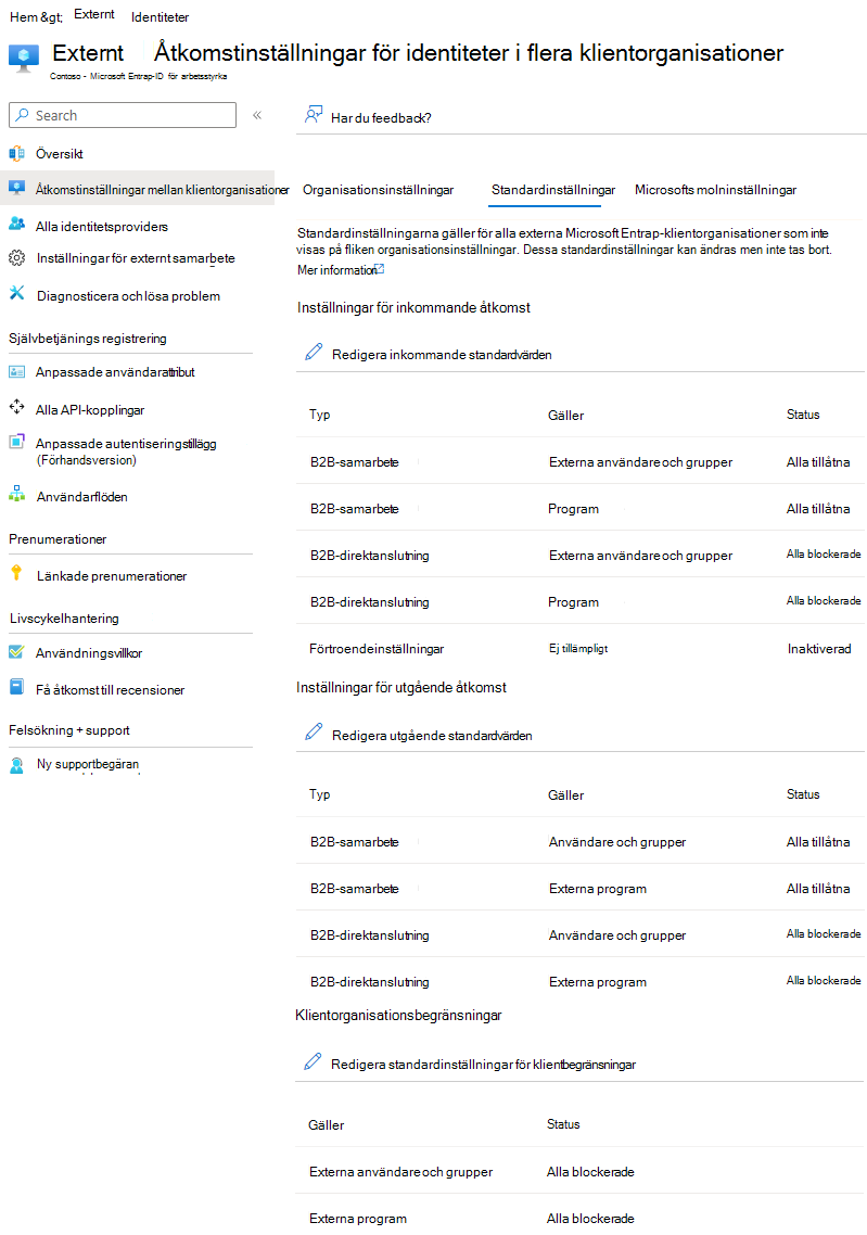 Skärmbild av sidan För åtkomstinställningar för flera klientorganisationer i Microsoft Entra.