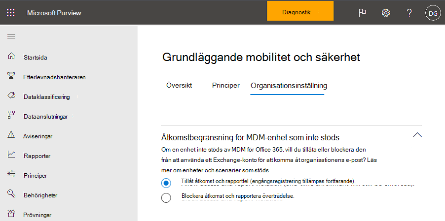 Blockåtkomstalternativet Grundläggande mobilitet och säkerhet.