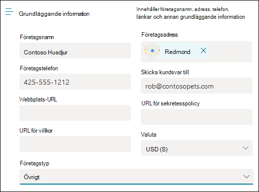 Skärmbild: Sida för att ange din grundläggande företagsinformation