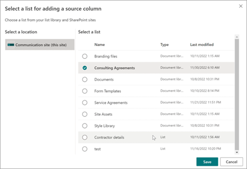 Skärmbild av sidan Välj en lista för att lägga till en källkolumn.