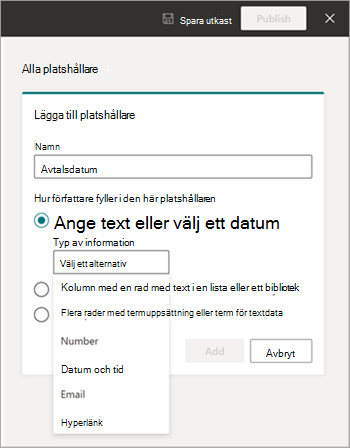 Skärmbild av mallvisningsprogrammet som visar panelen Nytt fält för manuella indata.