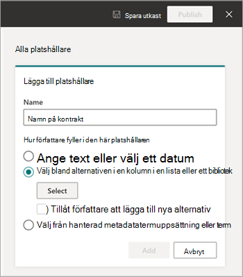 Skärmbild av mallvisningsprogrammet som visar panelen Nytt fält för indata från en SharePoint-lista.