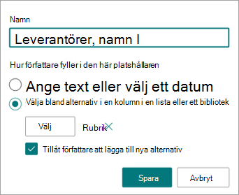 Skärmbild av panelen Nytt fält som visar listfältet som är associerat med fältet.